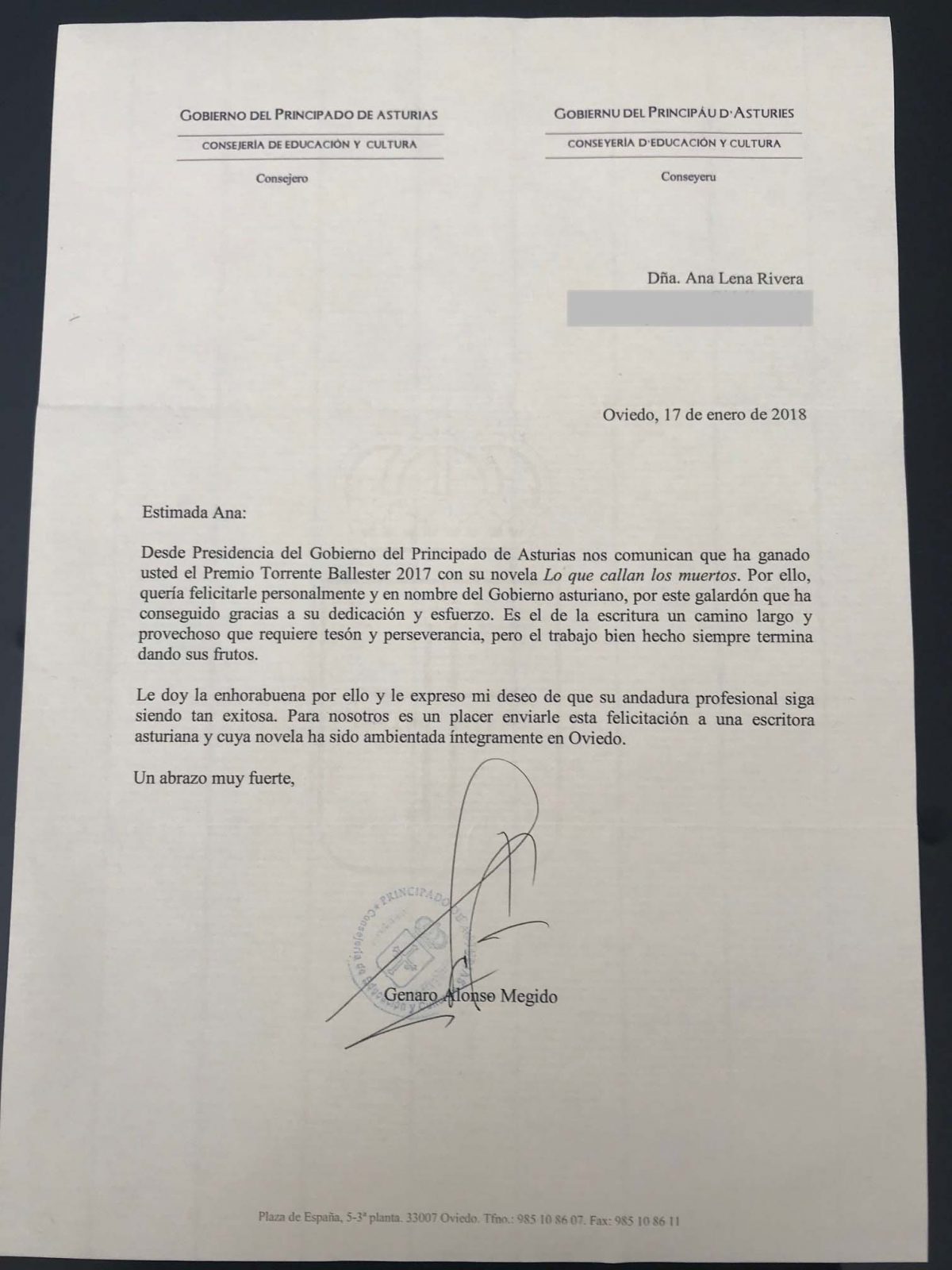 Carta de agradecimiento del Principado de Asturias - Ana 